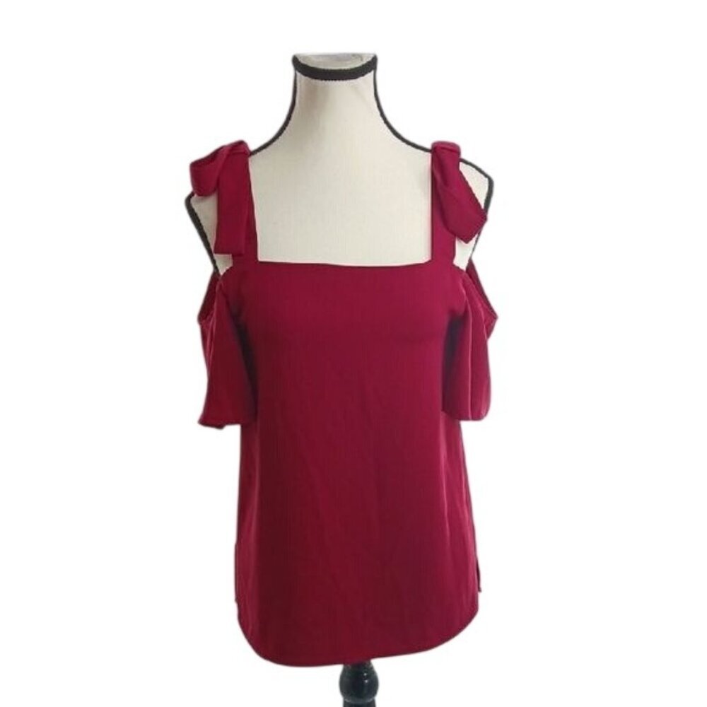 Ann Taylor Womens Blouse Tie Shoulder Cold Shoulder Dressy Top Red XS